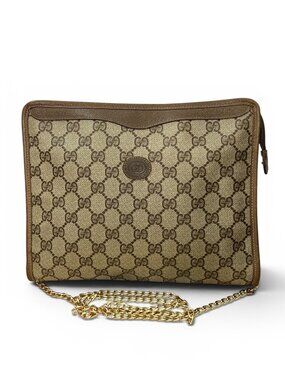 Gucci Vintage GG Monogram Brown Canvas Crossbody Bag With Gold Chain Strap